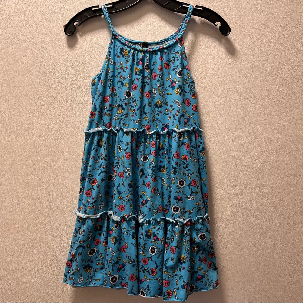 Pink & Violet Girl’s Fun Tiered Shoulder Sleeveless, Aqua & Floral, Sz L (10-12)